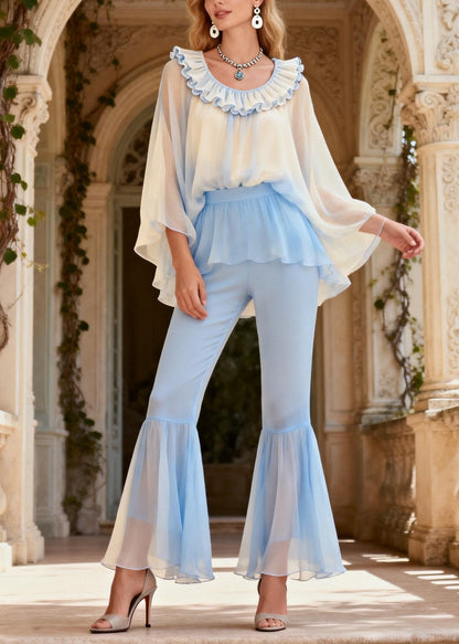 Stylish Ruffled Patchwork Silk Women Sets 2 Pieces Summer
