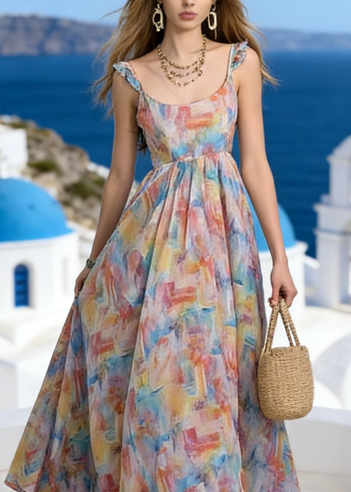 Stylish Ruffled Print Patchwork Chiffon Summer Dress