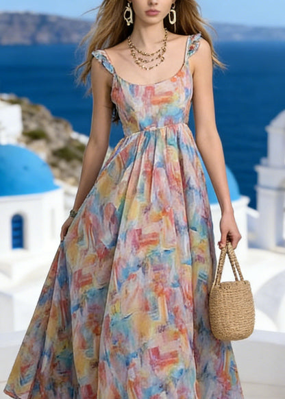 Stylish Ruffled Print Patchwork Chiffon Summer Dress