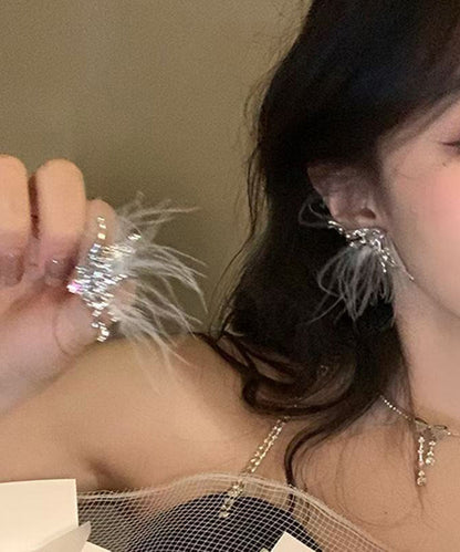 Stylish Silk Alloy Butterfly Feather Stud Earrings