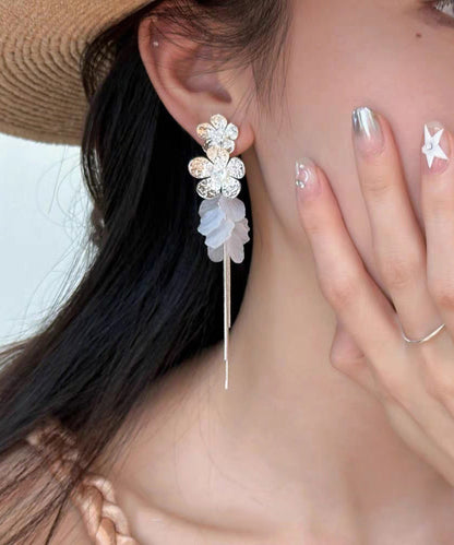Stylish Silk Alloy Zircon Floral Tulle Patchwork Tassel Drop Earrings