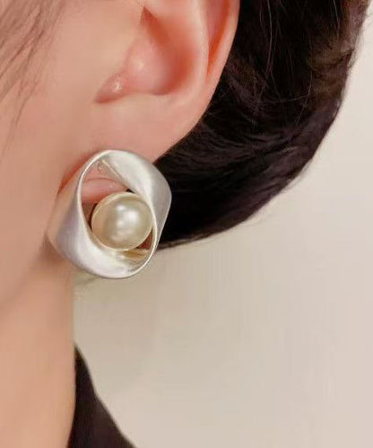 Stylish Silk Copper Overgild Pearl Stud Earrings