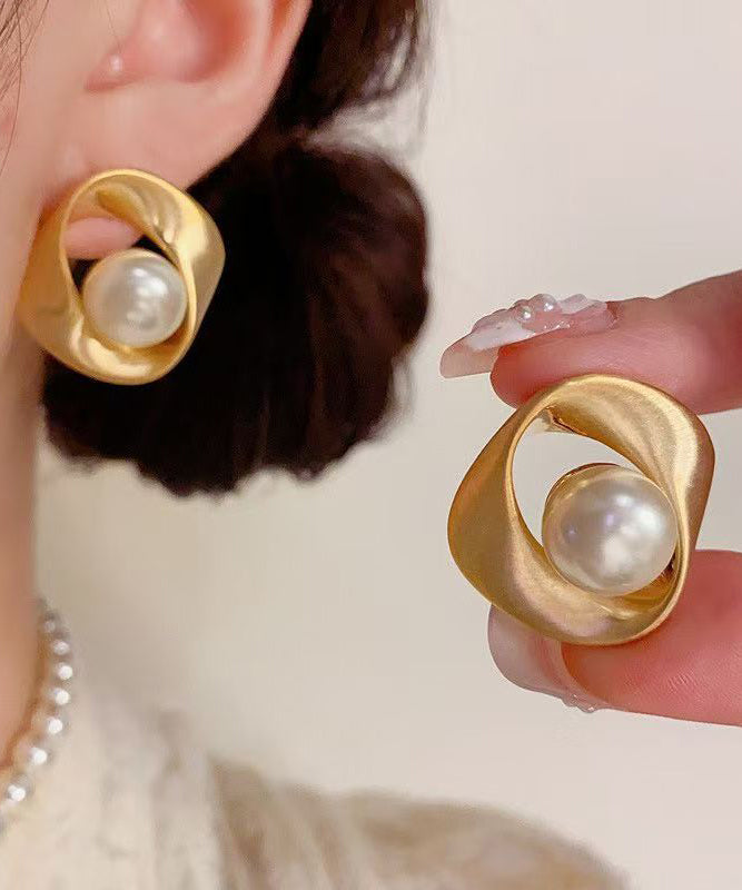 Stylish Silk Copper Overgild Pearl Stud Earrings