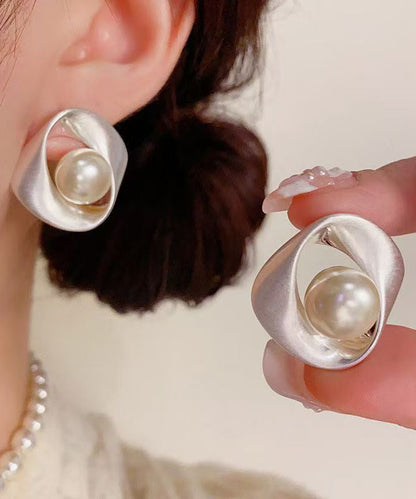 Stylish Silk Copper Overgild Pearl Stud Earrings