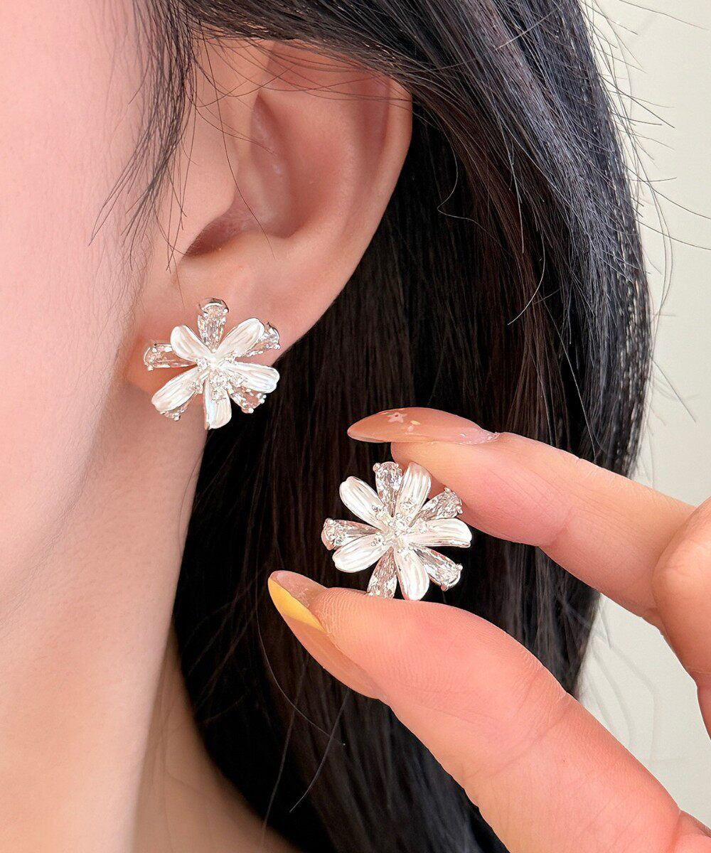 Stylish Silk Silver Needle Alloy Zircon Floral Stud Earrings