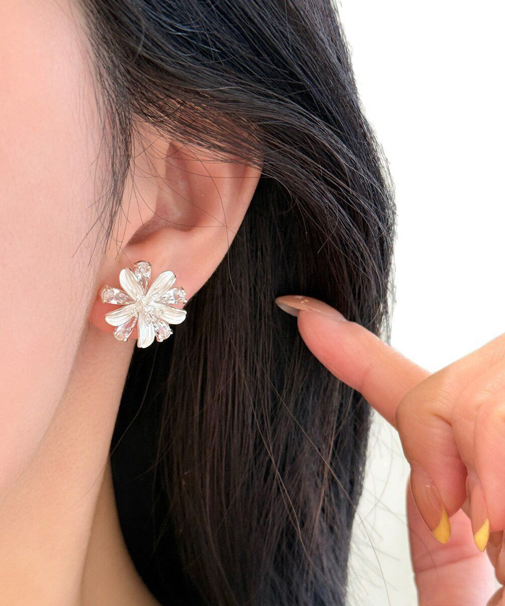 Stylish Silk Silver Needle Alloy Zircon Floral Stud Earrings
