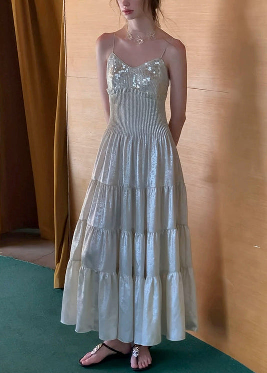 Stylish Silver V Neck Sequins Wrinkled Chiffon Spaghetti Strap Dress Sleeveless