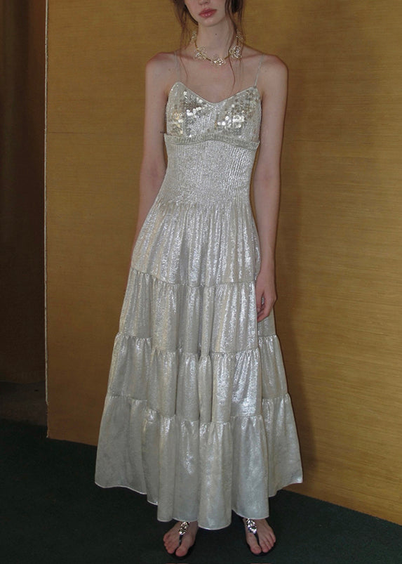 Stylish Silver V Neck Sequins Wrinkled Chiffon Spaghetti Strap Dress Sleeveless