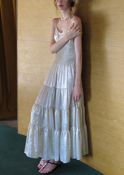 Stylish Silver V Neck Sequins Wrinkled Chiffon Spaghetti Strap Dress Sleeveless