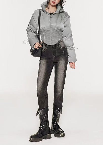 Stylish Silvery Drawstring Duck Down Puffer Jacket Winter