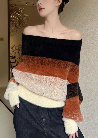 Stylish Slash Neck Striped Cozy Patchwork Knit Sweaters Winter