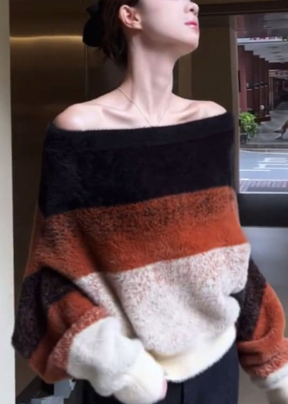 Stylish Slash Neck Striped Cozy Patchwork Knit Sweaters Winter