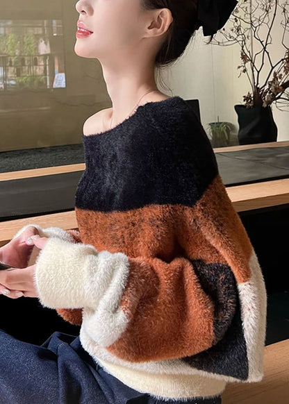 Stylish Slash Neck Striped Cozy Patchwork Knit Sweaters Winter