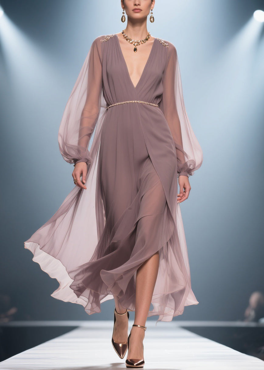 Stylish Soft Misty Purple Gray V Neck Wrinkled High Waist Chiffon Long Dresses