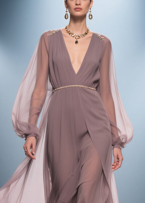 Stylish Soft Misty Purple Gray V Neck Wrinkled High Waist Chiffon Long Dresses