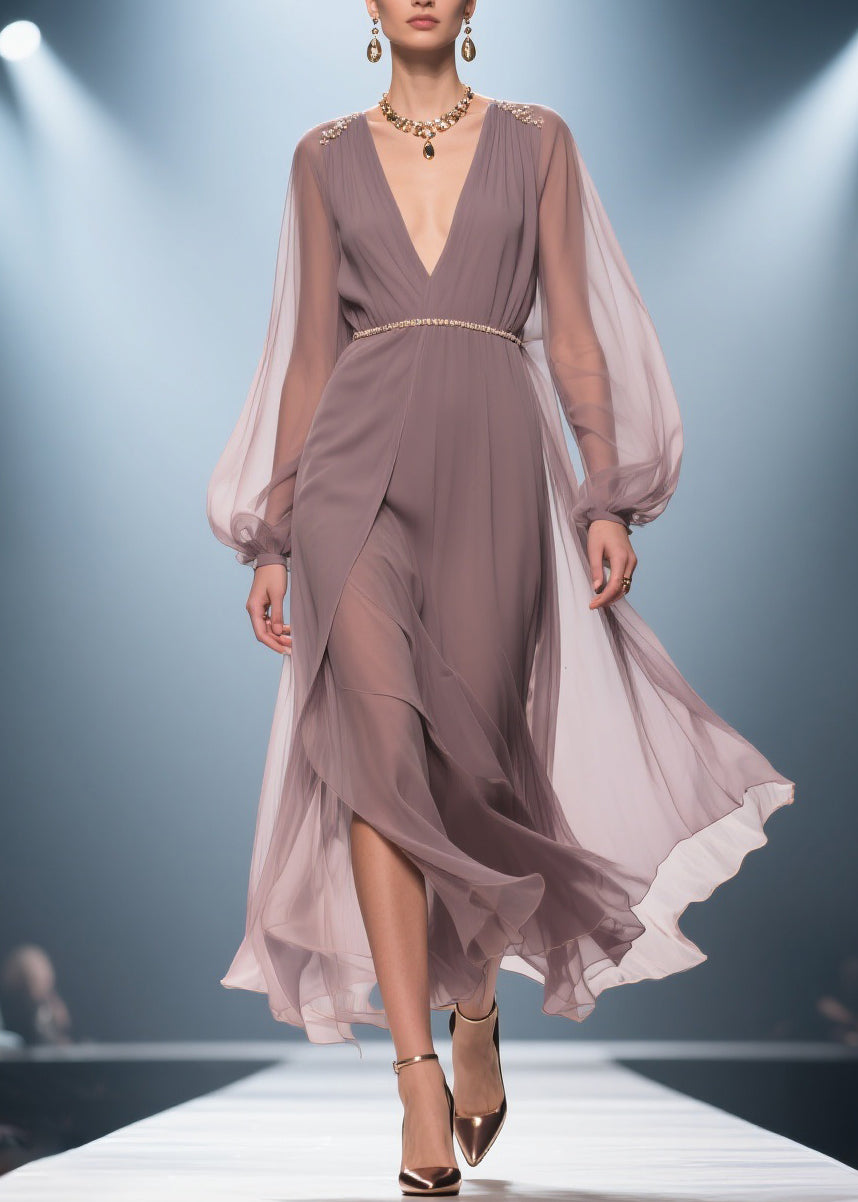 Stylish Soft Misty Purple Gray V Neck Wrinkled High Waist Chiffon Long Dresses