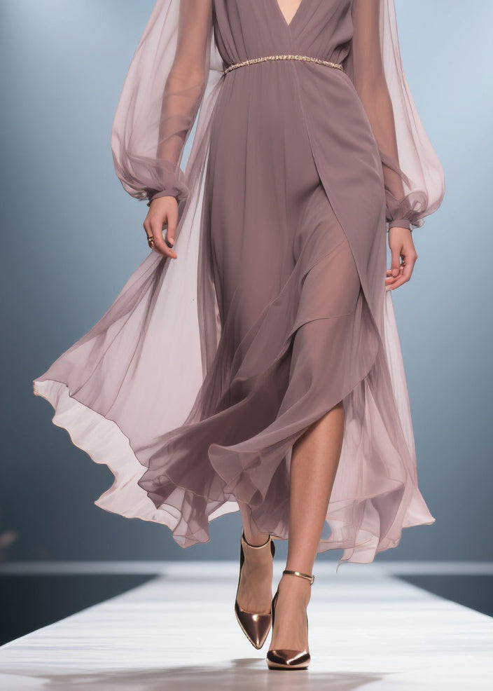 Stylish Soft Misty Purple Gray V Neck Wrinkled High Waist Chiffon Long Dresses