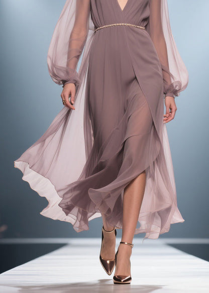 Stylish Soft Misty Purple Gray V Neck Wrinkled High Waist Chiffon Long Dresses