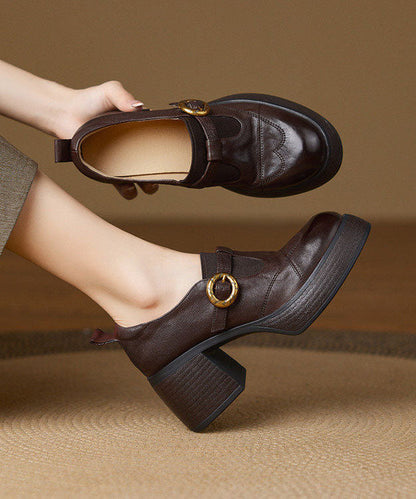 Stylish Splicing Chunky Heel Brown Cowhide Leather