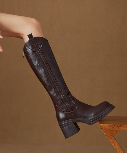 Stylish Splicing Chunky Heel Knee Boots Brown Cowhide Leather