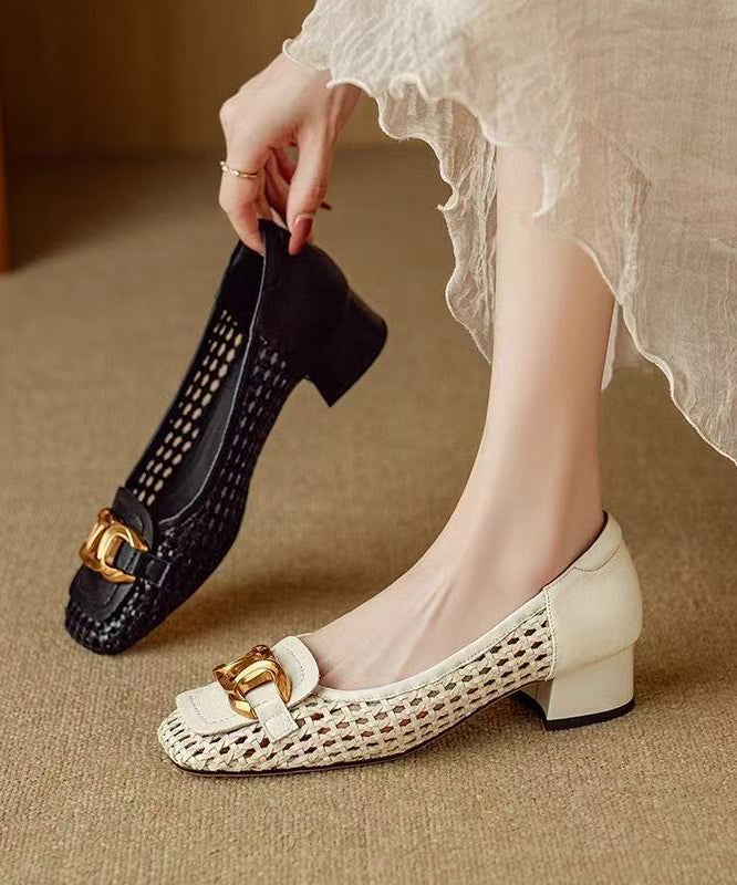 Stylish Splicing Chunky Penny Loafers Beige Cowhide Leather Hollow Out