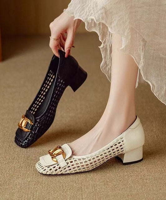 Stylish Splicing Chunky Penny Loafers Beige Cowhide Leather Hollow Out