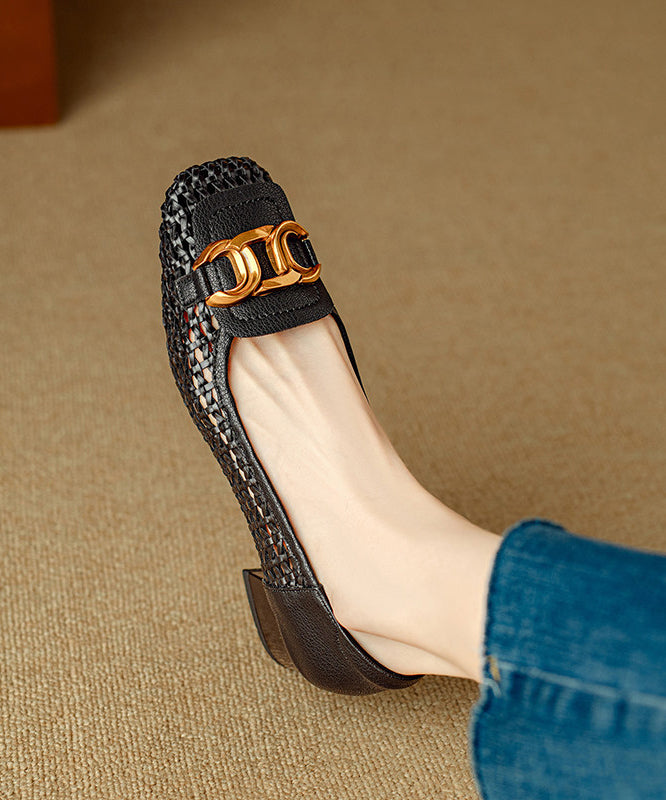 Stylish Splicing Chunky Penny Loafers Beige Cowhide Leather Hollow Out