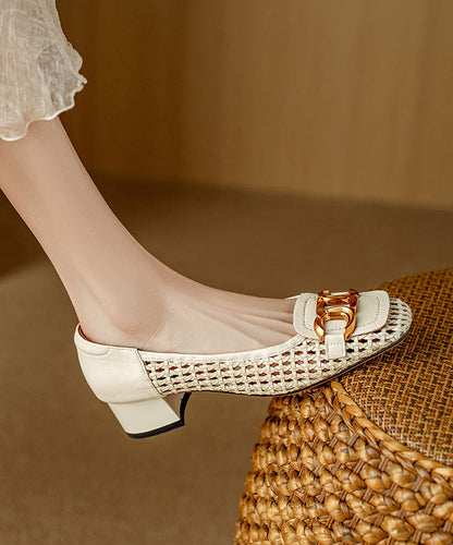 Stylish Splicing Chunky Penny Loafers Beige Cowhide Leather Hollow Out