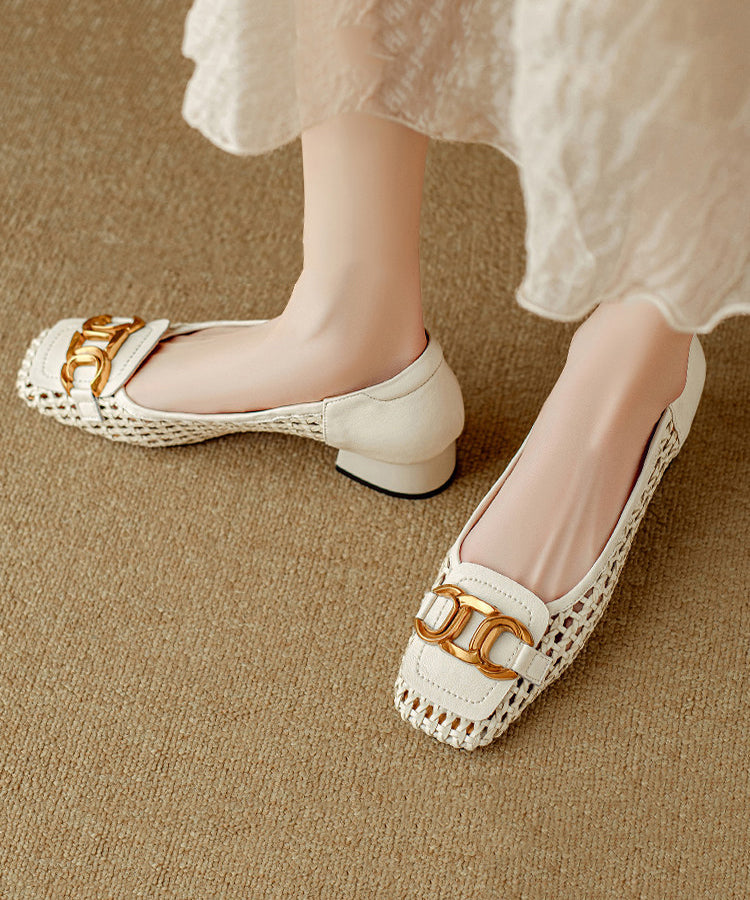 Stylish Splicing Chunky Penny Loafers Beige Cowhide Leather Hollow Out
