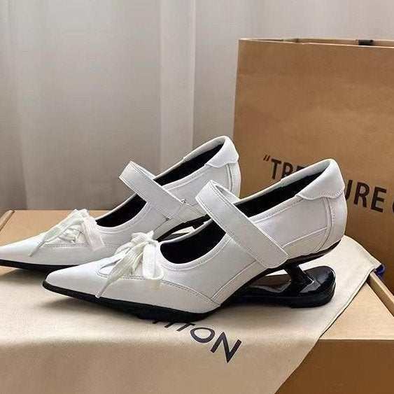 Stylish Splicing Wedge Heels Shoes Black Faux Leather Pointed Toe