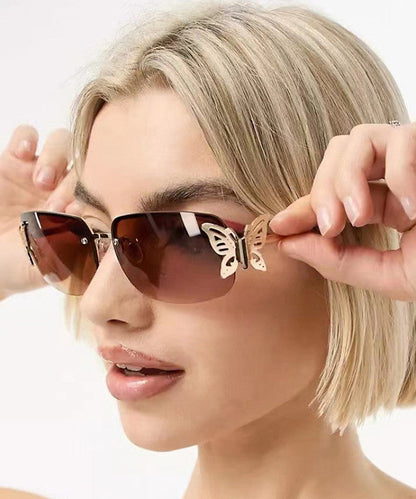 Stylish Tea Color Butterfly Shaped Diamond Studded Frameless Sunglasses