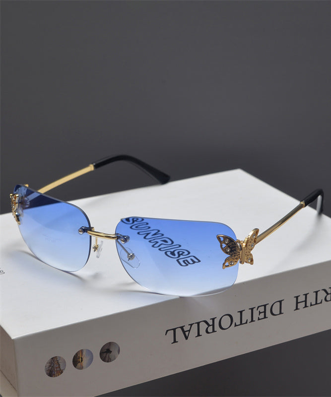 Stylish Tea Color Butterfly Shaped Diamond Studded Frameless Sunglasses