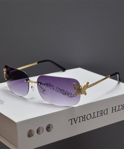 Stylish Tea Color Butterfly Shaped Diamond Studded Frameless Sunglasses