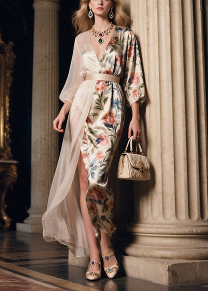 Stylish Tulle Patchwork Tunic Silk Long Dresses Three Quarter Sleeve