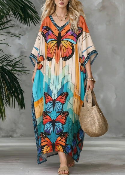 Stylish V Neck Butterfly Print Chiffon Maxi Dresses Summer