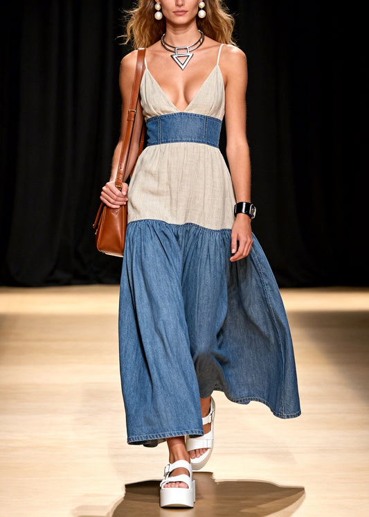 Stylish V Neck Patchwork Denim Spaghetti Strap Dress Sleeveless