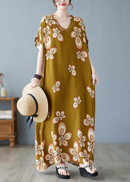 Stylish V Neck Print Cotton Beach Maxi Dresses Short Sleeve