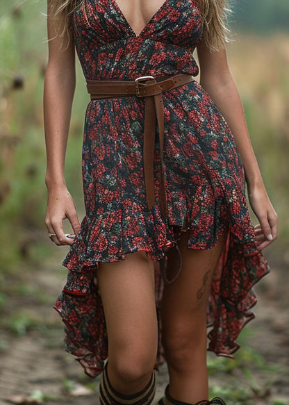 Stylish V Neck Ruffled Print Low High Design Cotton Dress Sleeveless