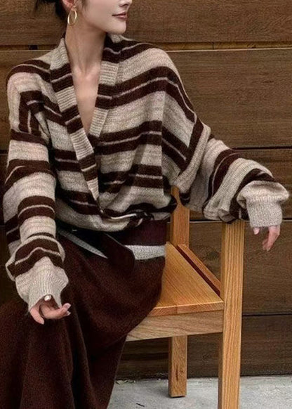 Stylish V Neck Striped Cozy Knit Sweaters Tops Fall