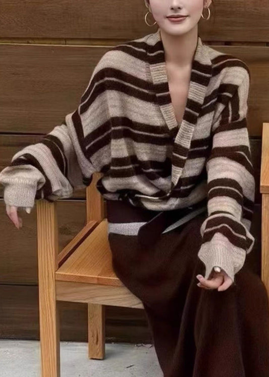 Stylish V Neck Striped Cozy Knit Sweaters Tops Fall
