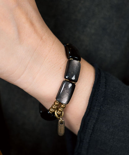 Stylish Versatile Black Silver Obsidian Double-Layer Men's Bracelet