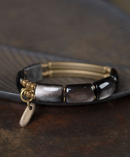 Stylish Versatile Black Silver Obsidian Double-Layer Men's Bracelet
