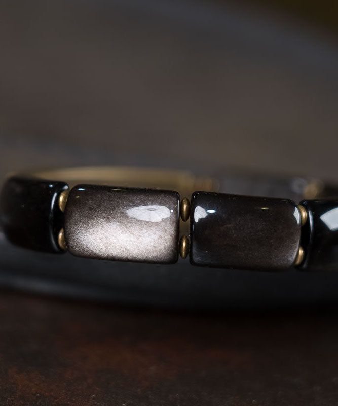 Stylish Versatile Black Silver Obsidian Double-Layer Men's Bracelet