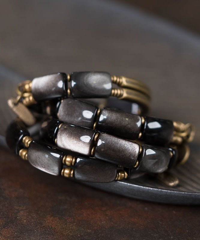 Stylish Versatile Black Silver Obsidian Double-Layer Men's Bracelet