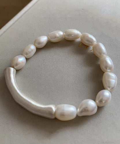 Stylish White 999 Silver Pearl Patchwork Elasticity Bracelet