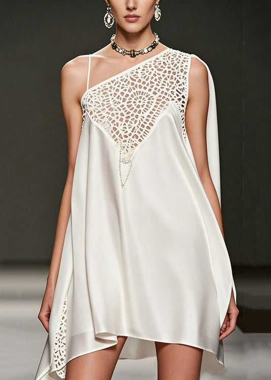Stylish White Asymmetrical Hollow Out Silk Mini Dress Sleeveless