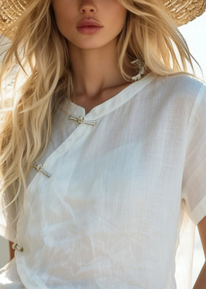 Stylish White Chinese Button Asymmetrical Patchwork Cotton Top Summer