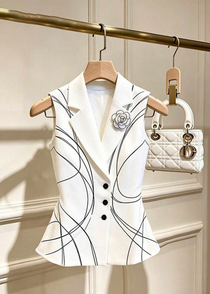 Stylish White Floral Print Notched Waistcoat Tops Sleeveless