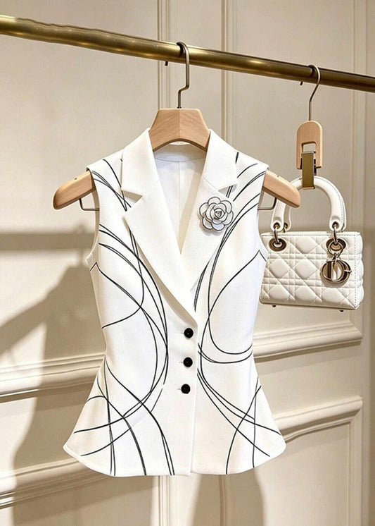 Stylish White Floral Print Notched Waistcoat Tops Sleeveless