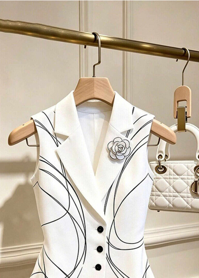 Stylish White Floral Print Notched Waistcoat Tops Sleeveless